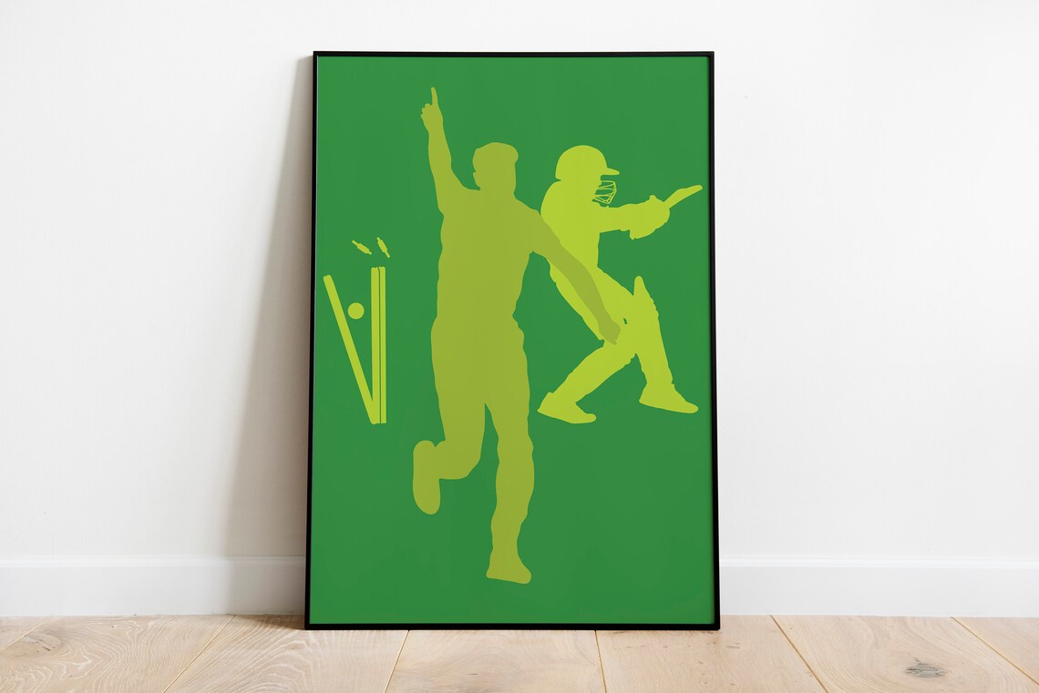 Cricket Bowler And Batsman Silhouette Green Retro Sport Poster