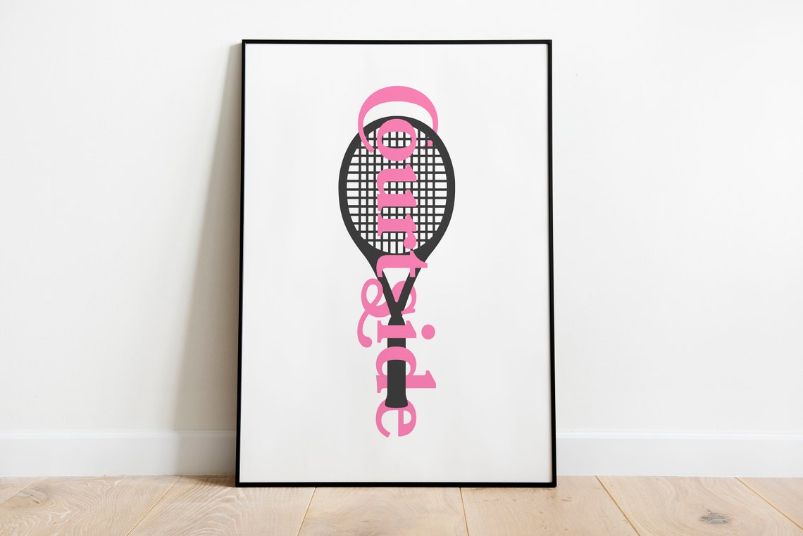 Courtside Pink Script Tennis Racket Minimalist Sports Poster