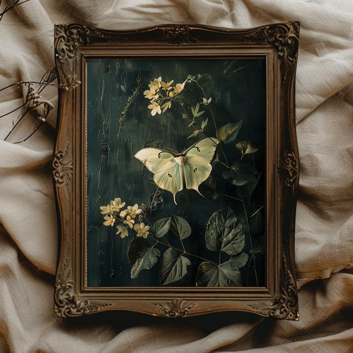 Pale Luna Moth Among Dark Botanical Leaves Dark Goth Art Poster