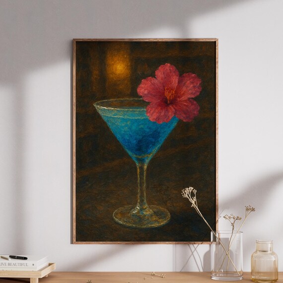 Blue Martini Cocktail Hibiscus Flower Dark Elegant Bar Wall Poster