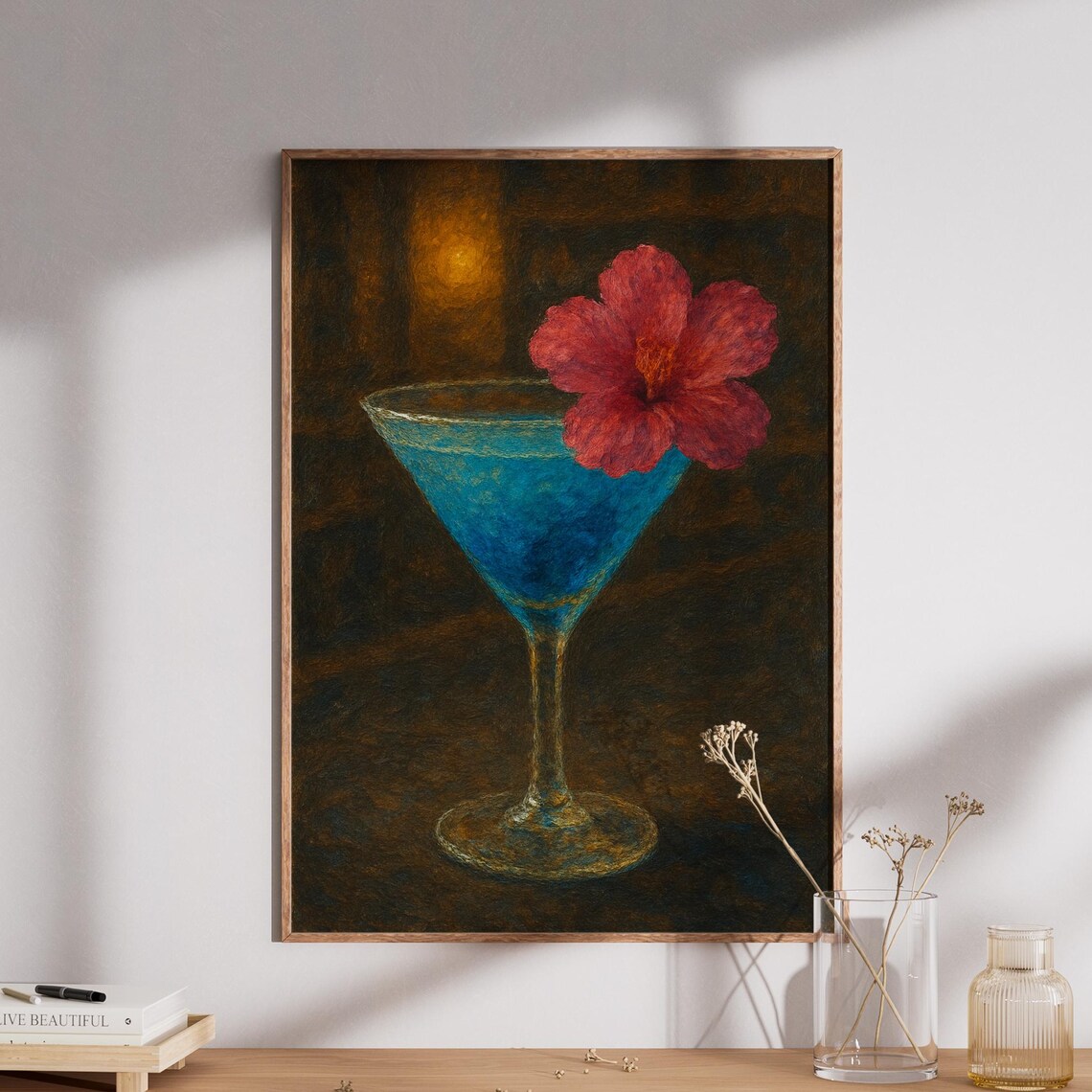 Blue Martini Cocktail Hibiscus Flower Dark Elegant Bar Wall Poster