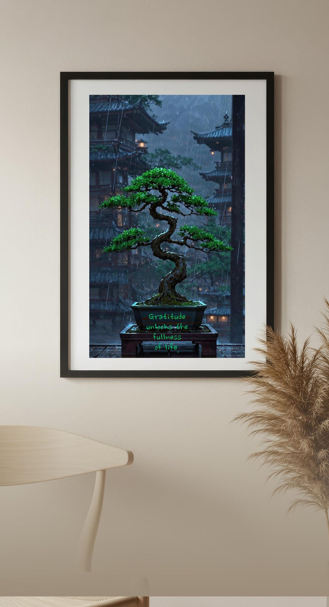 Bonsai Rain Night Temple Gratitude Unlocks Fullness of Life Quote Poster