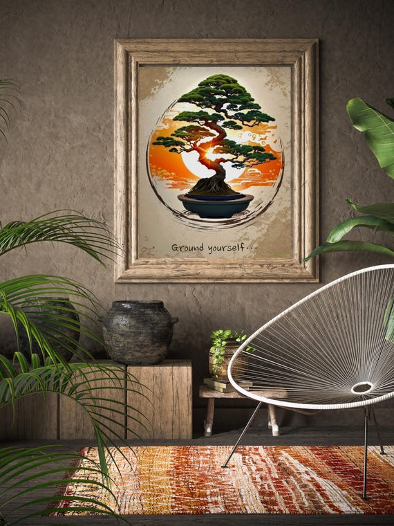 Ground Yourself Bonsai Tree Sunset Circle Zen Balance Art Poster