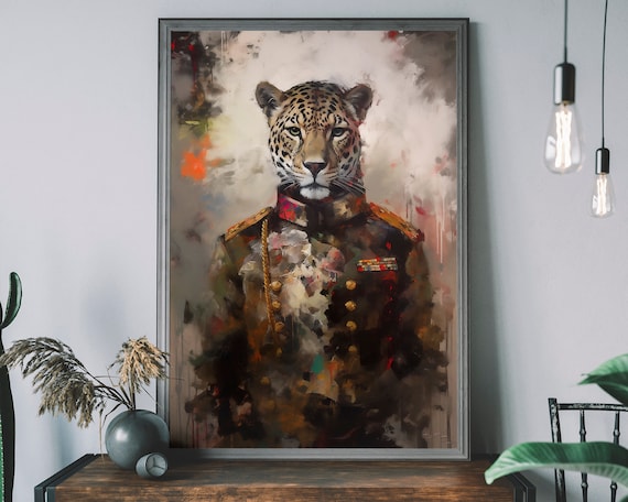Vintage Leopard Portrait Art Print Renaissance Animal Painting Human Body Unique Aristocrat
