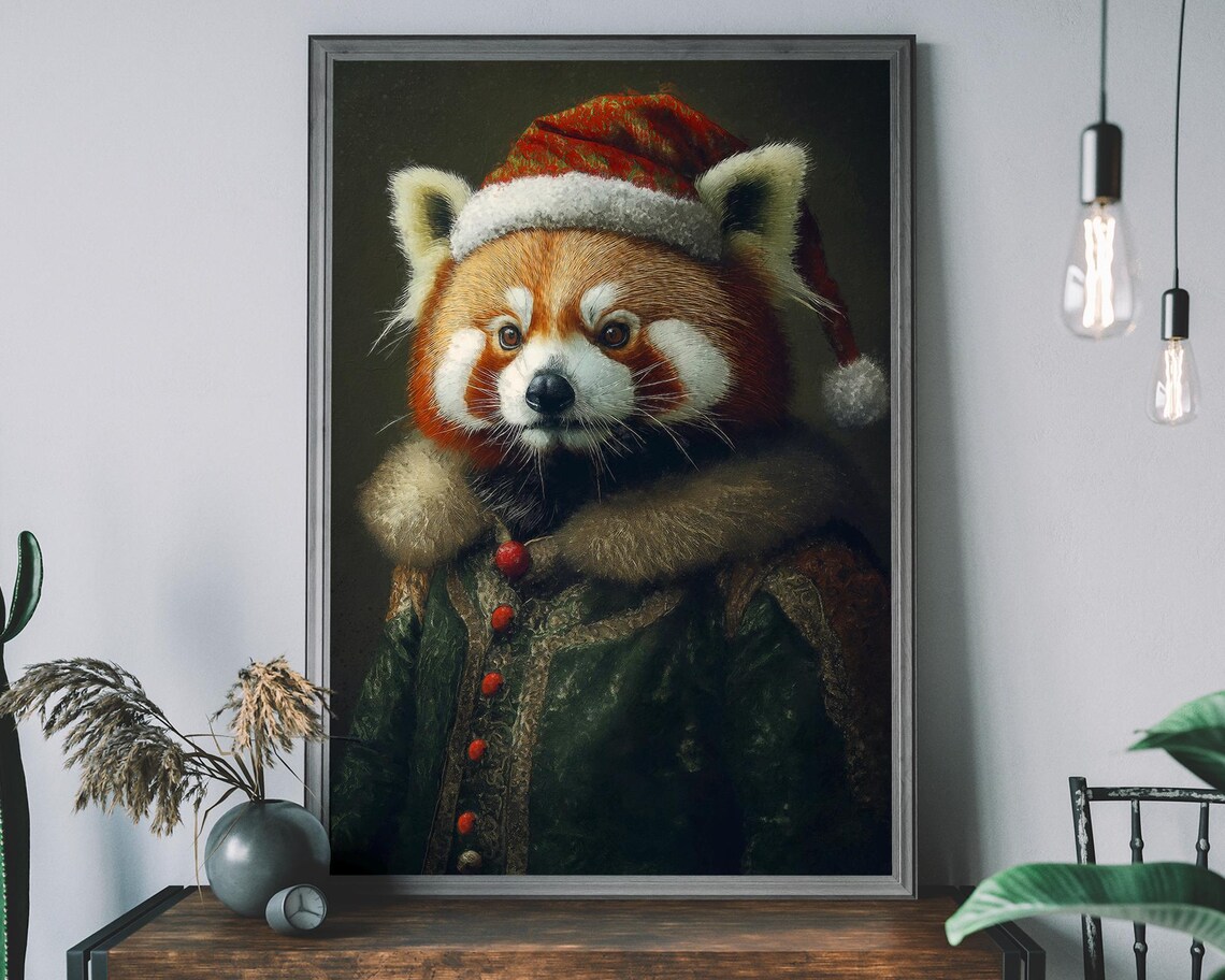 Christmas Red Panda Vintage Portrait, Holiday Art Print
