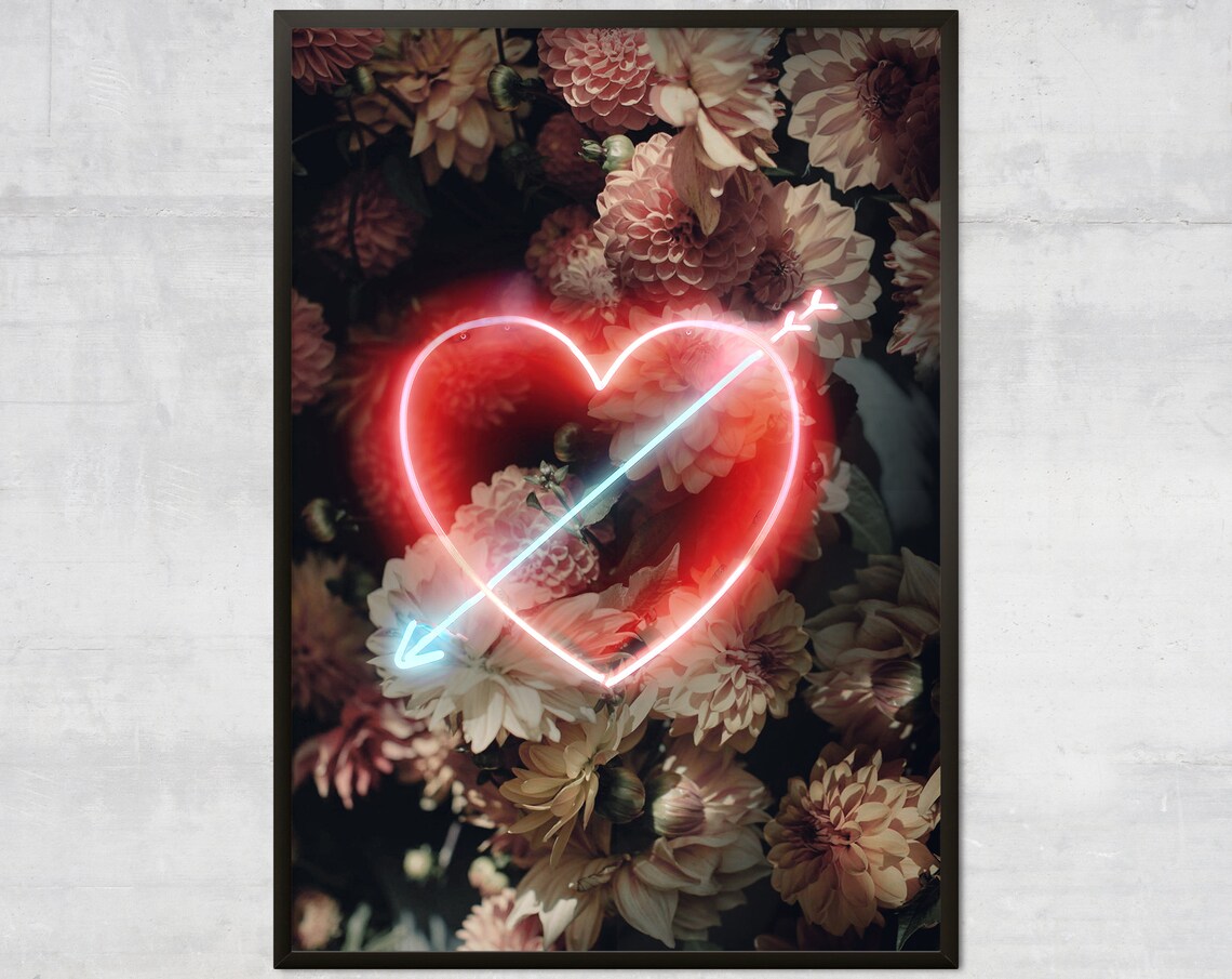 Valentines Neon Heart Floral Art Print