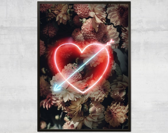 Valentines Neon Heart Floral Art Print