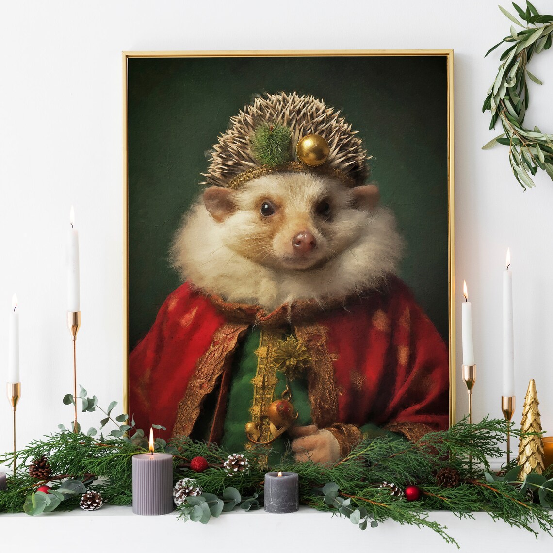 Christmas Hedgehog Vintage Portrait Art Print