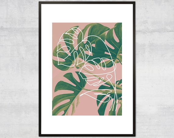Monstera Leaf Print, Minimalist Tropical Boho Art Print