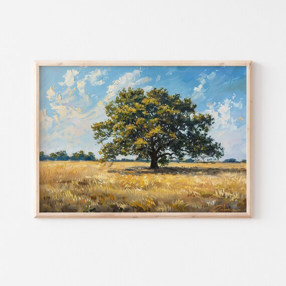 Vintage Tree Painting Oak Tree In A Wheat Field Print Rustic Farmhouse Wall Decor Wall Artwork