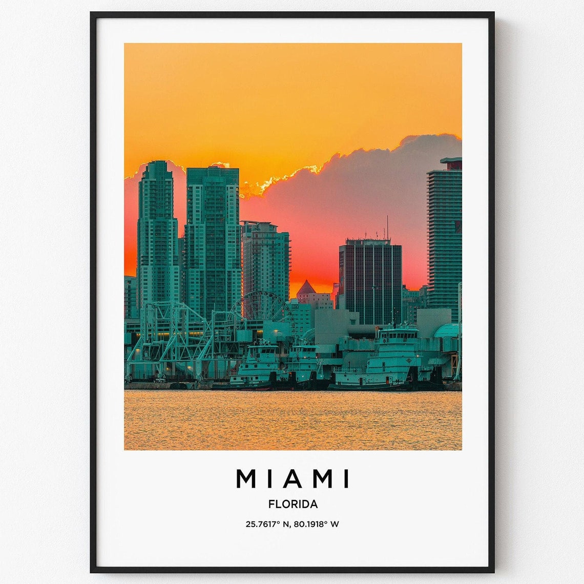 Miami Florida Sunset Skyline Color Waterfront Photography Poster