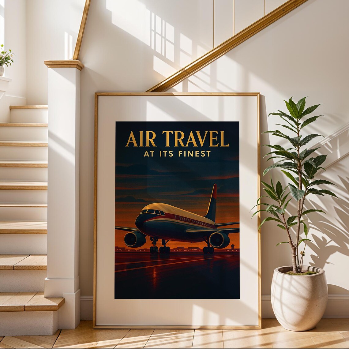 Air Travel At Its Finest Retro Jet Airliner Sunset Runway Aviation Art Poster
