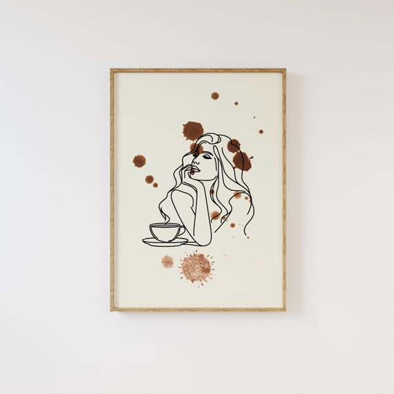 Coffee Lover Woman Print Coffee Wall Art Coffee One Line Art Modern Minimal Coffee Print Kitchen Wall Decor