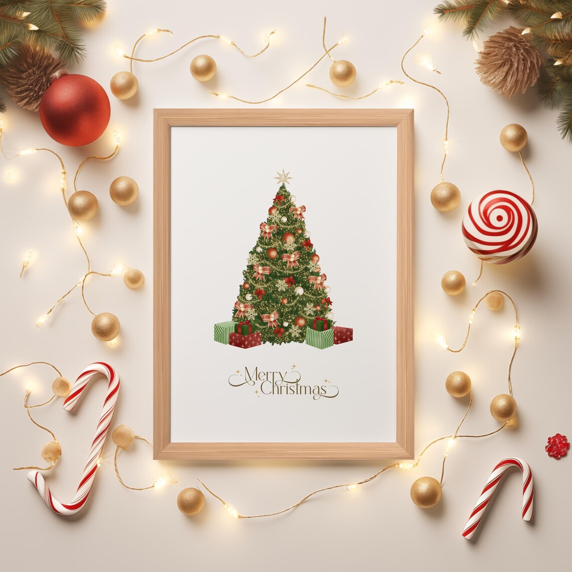 Merry Christmas Tree Gold Ornament Festive Holiday Print Gift