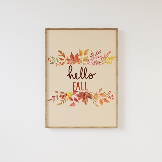 Hello Fall Vertical Watercolor Maple Leaves Cozy Autumn Poster