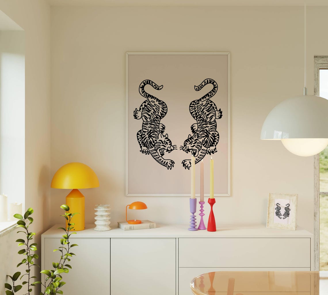 Japanese Twin Tigers Ink Style Minimalist Zen Print Gift Decor - Image 2