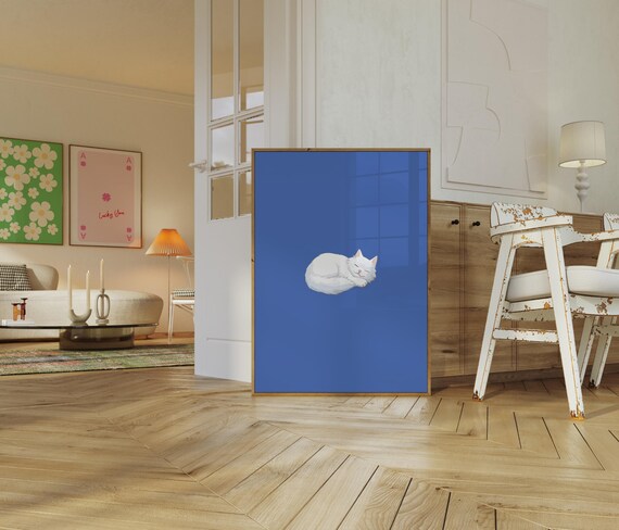 Sleeping White Cat Cobalt Blue Minimalist Modern Animal Poster