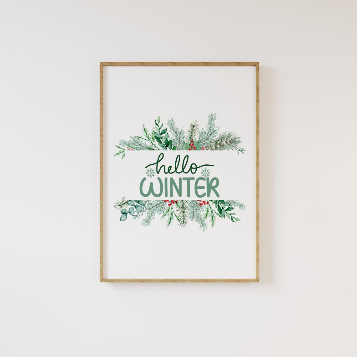 Hello Winter Botanical Green Watercolor Typography Print Gift