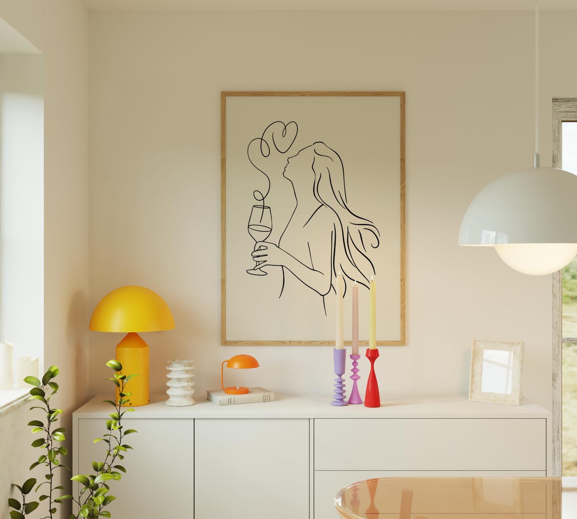 Woman Holding Wine Glass One Line Drawing Modern Bar Cart Wall Art - Image 2