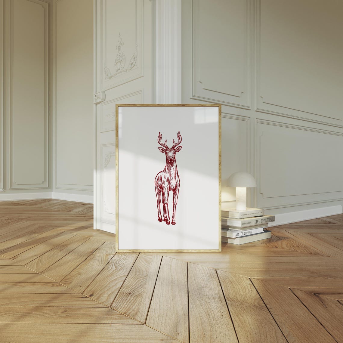 Red Line Drawing Standing Deer Stag Minimalist Rustic Wall Art - Image 2