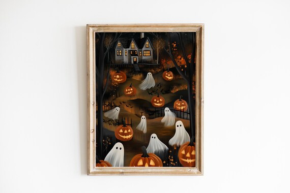 Cute Ghosts In The Forest Wall Art Cozy Fall Decor Spooky Haunted Halloween For Home Dark Academia Print