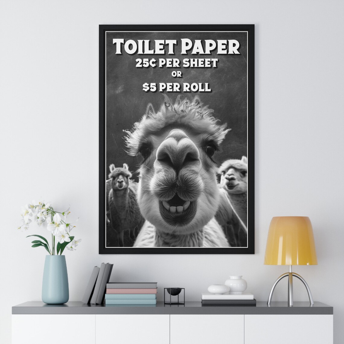 Black And White Goofy Alpaca Selfie Toilet Paper Price Funny Bathroom Poster - Image 2