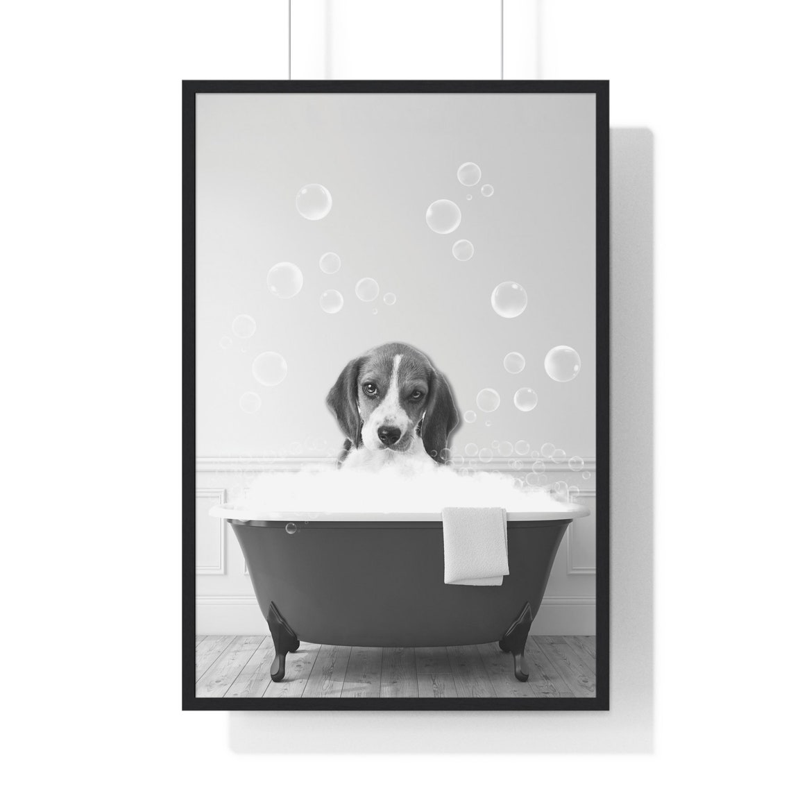 Beagle Enjoying a Bubble Bath Black and White Bathroom Poster