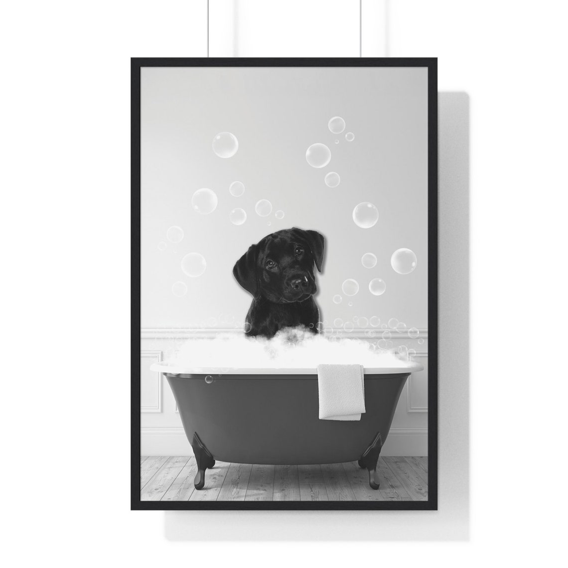 Black Labrador Puppy In Bubble Bath Clawfoot Tub Funny Bathroom Poster