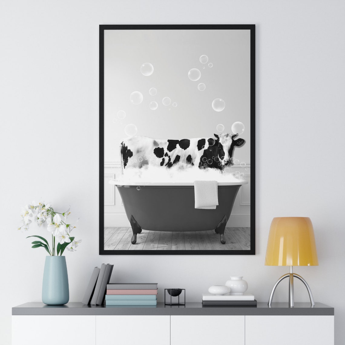 Holstein Cow in a Bubble Bath Black and White Funny Bathroom Poster - Image 2