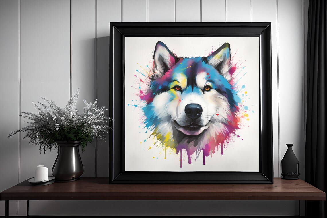 Alaskan Malamute Watercolor Splatter Portrait Colorful Dog Poster