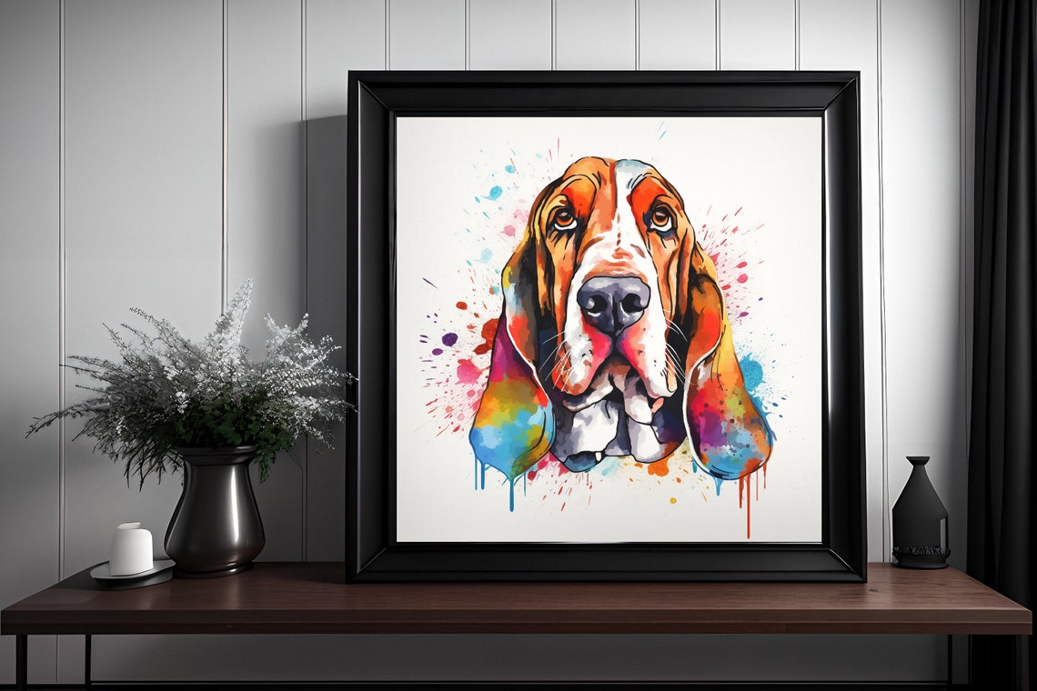 Basset Hound Watercolor Splatter Portrait Colorful Dog Poster