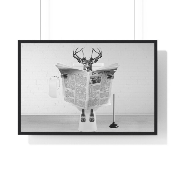 Majestic Deer Buck Reading Newspaper on Toilet Funny Bathroom Poster