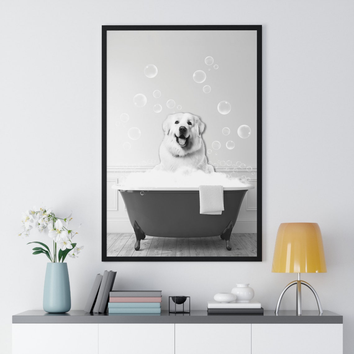 Great Pyrenees Dog in a Bubble Bath Funny Black and White Poster - Image 2