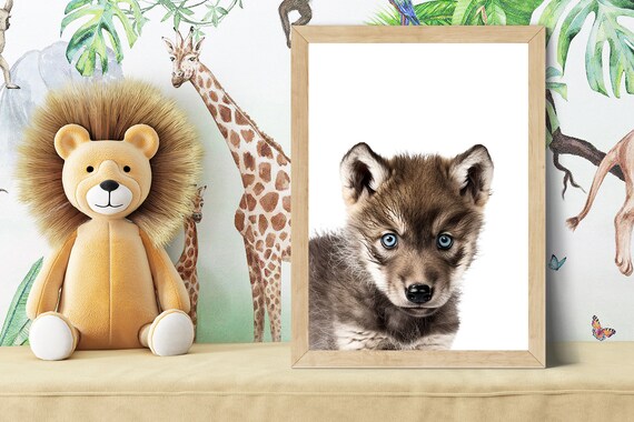 Blue-Eyed Baby Wolf Pup Portrait in Soft Color Nursery Poster