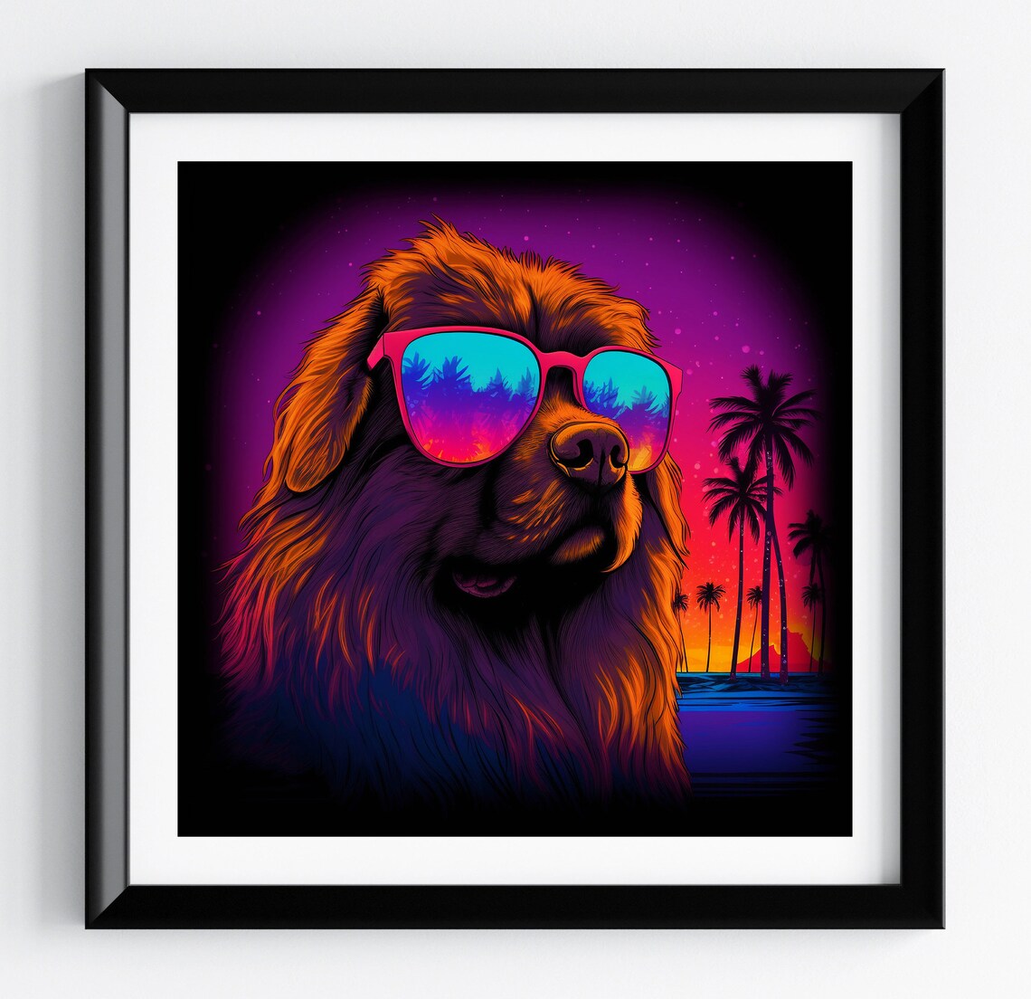 Leonberger Neon Pink Sunset Palm Tree Retro Dog Portrait Poster