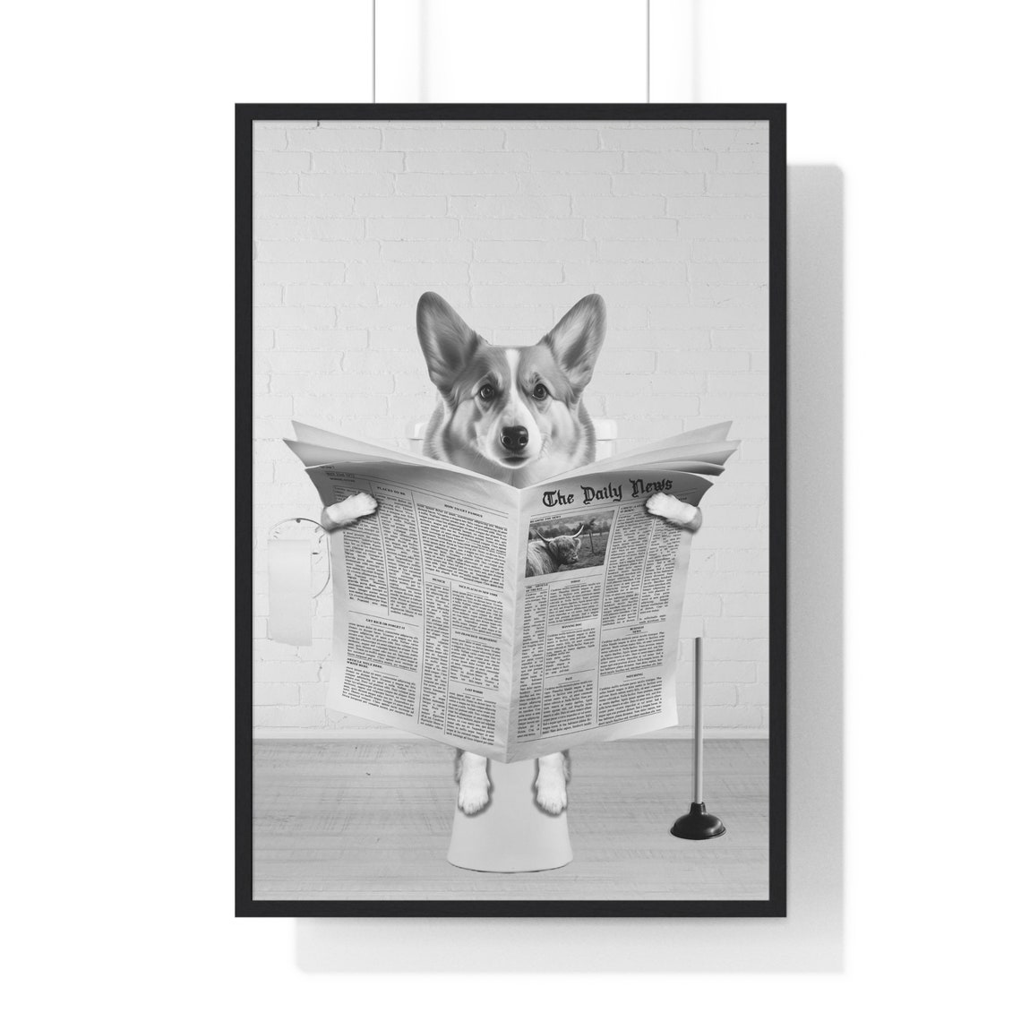 Corgi Dog Reading Newspaper on a Toilet Funny Bathroom Poster