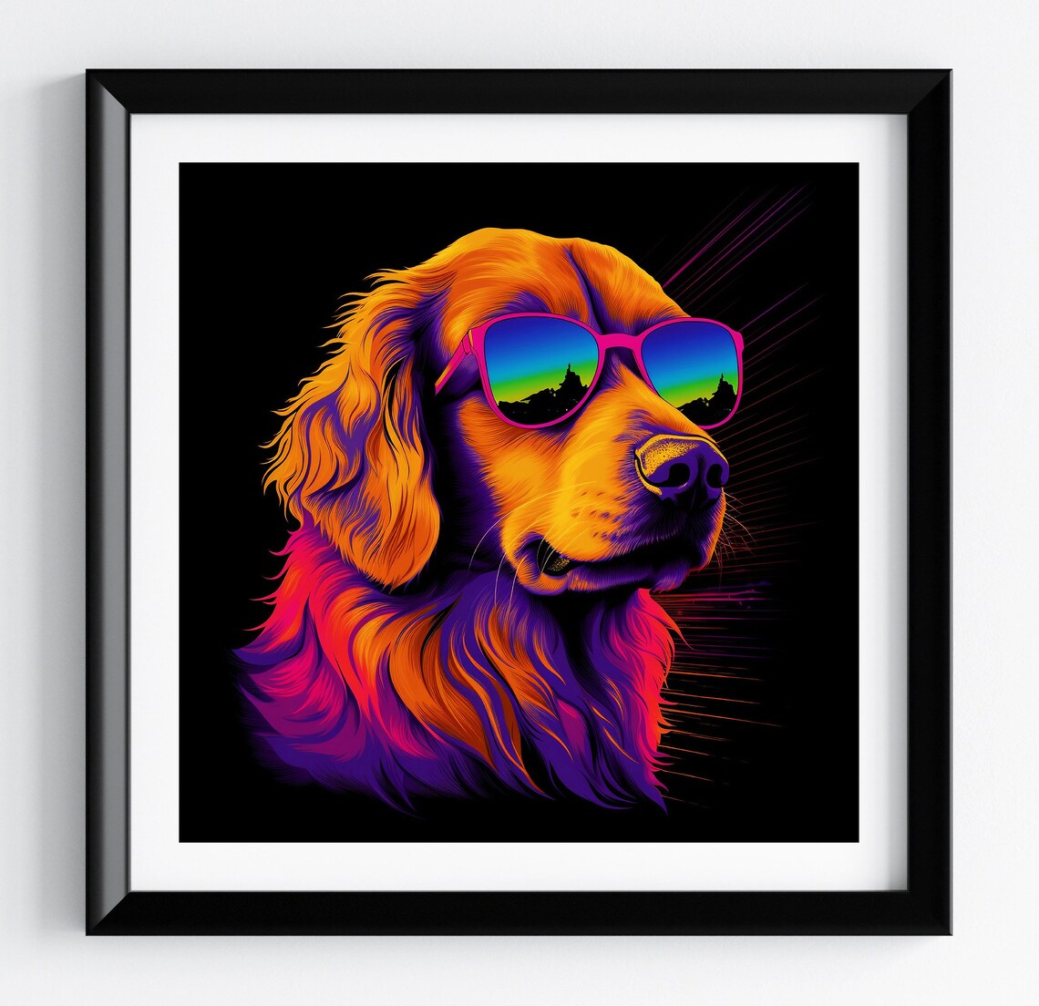 Golden Retriever Neon City Skyline Sunglasses Dog Portrait Poster