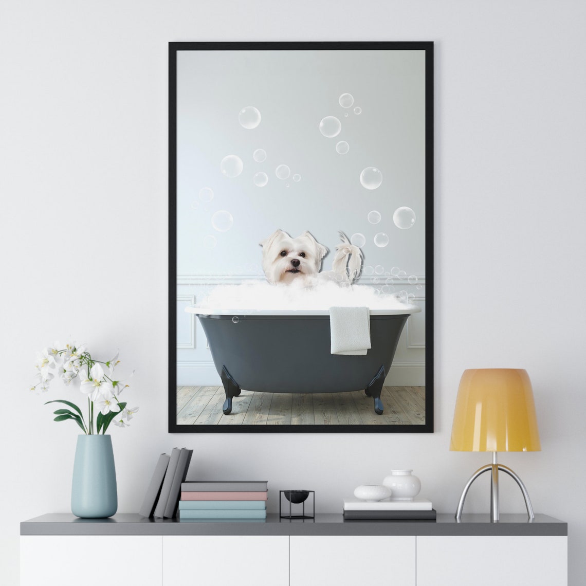 Sweet Maltese Dog in Bubble Bath Funny Dog Bathroom Art Poster - Image 2