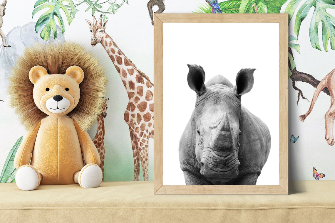 Baby Rhino Head Portrait in Black and White Nursery Style Poster