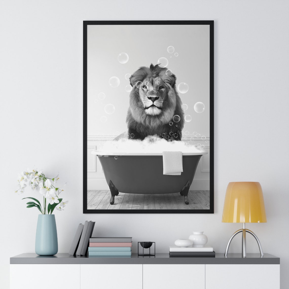 Majestic Lion in Bubble Bath Black and White Funny Animal Art Poster - Image 2