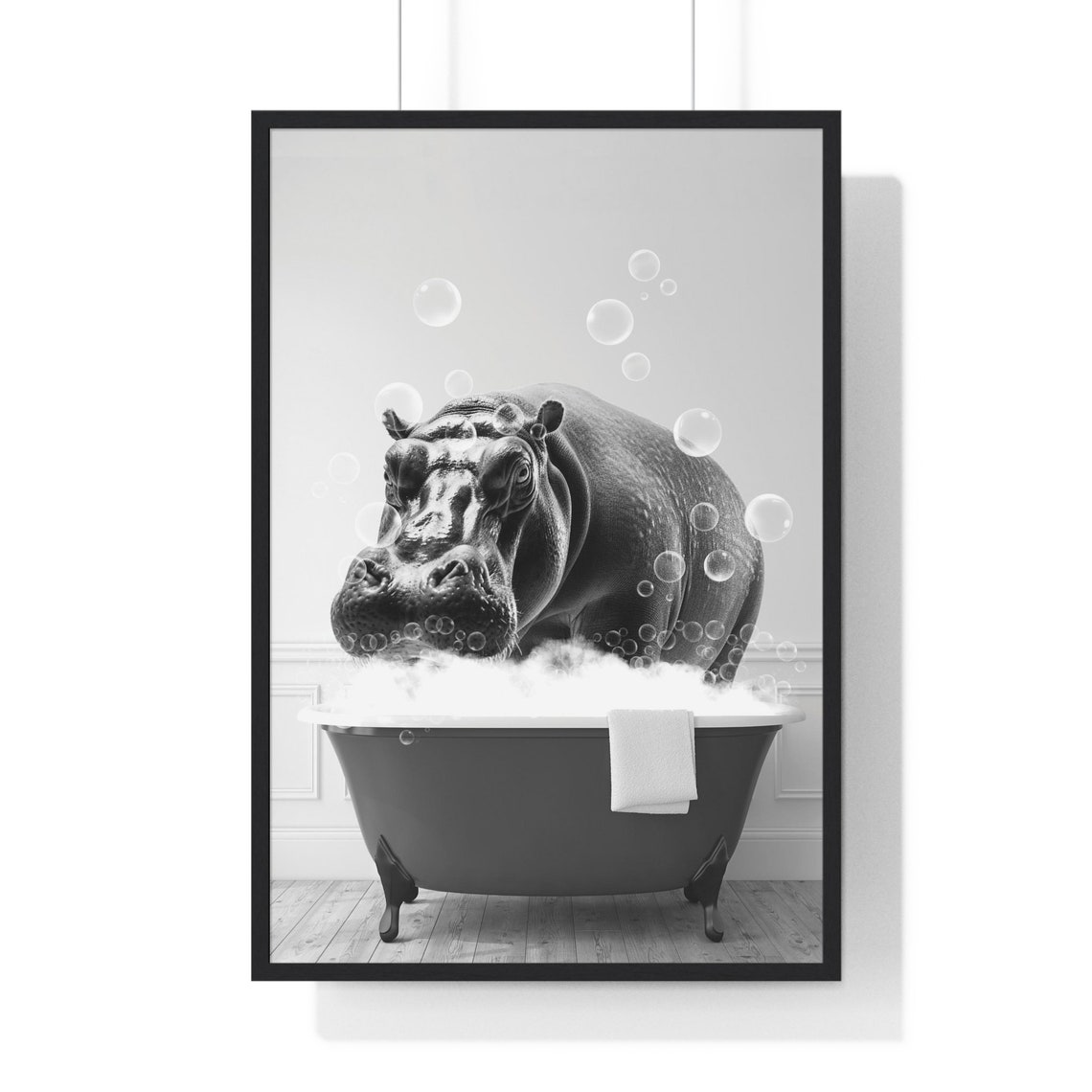 Hippo in Bubble Bath Black and White Funny Animal Art Poster