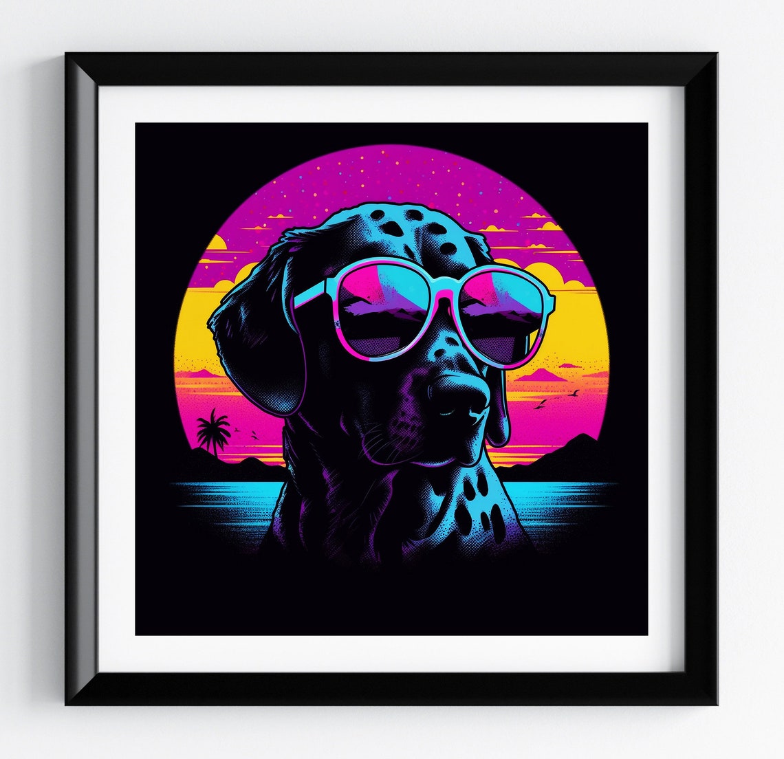 Dalmatian Retro 80s Neon Synthwave Sunset Pet Portrait Poster
