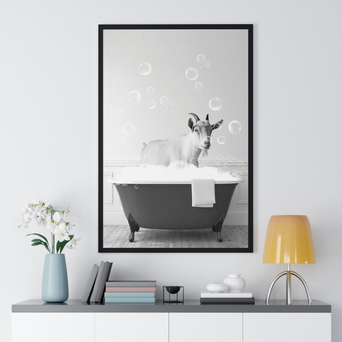 Curious Goat Relaxing in Bubble Bath Funny Farmhouse Bathroom Poster - Image 2