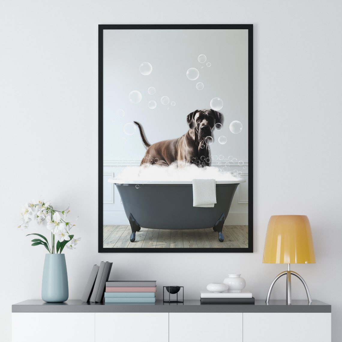 Gentle Great Dane in Bubble Bath Funny Dog Bathroom Art Poster - Image 2