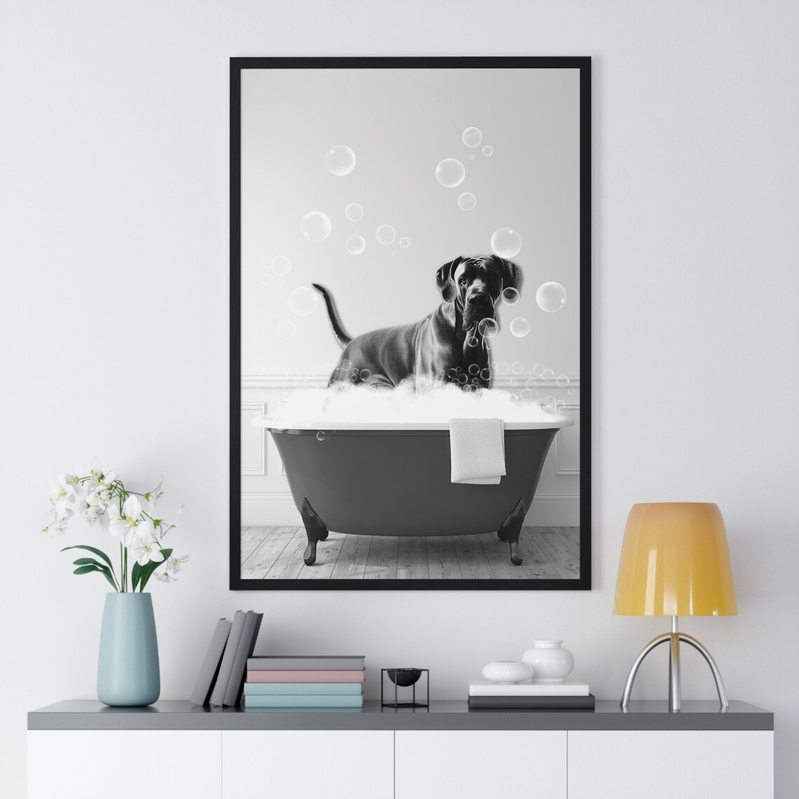 Great Dane in a Bubble Bath Black and White Funny Bathroom Poster - Image 2