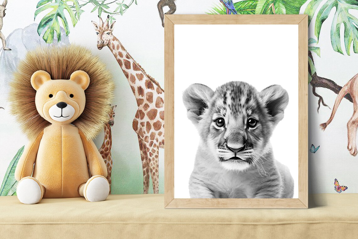 Baby Lion Cub Portrait in Black and White Nursery Style Poster