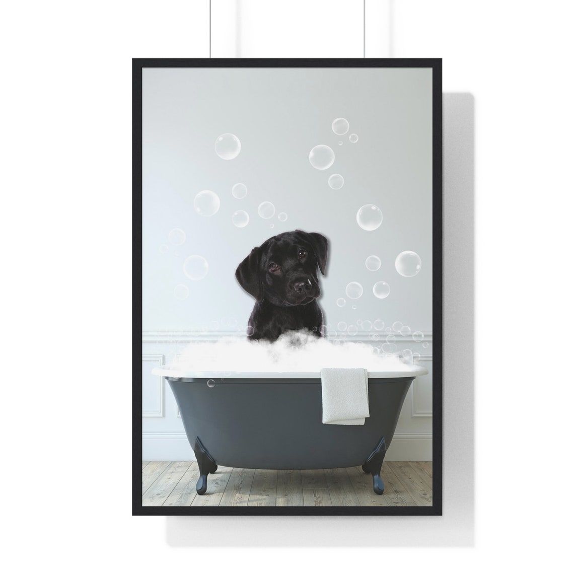 Cute Black Labrador Puppy Enjoying a Bubble Bath Bathroom Poster