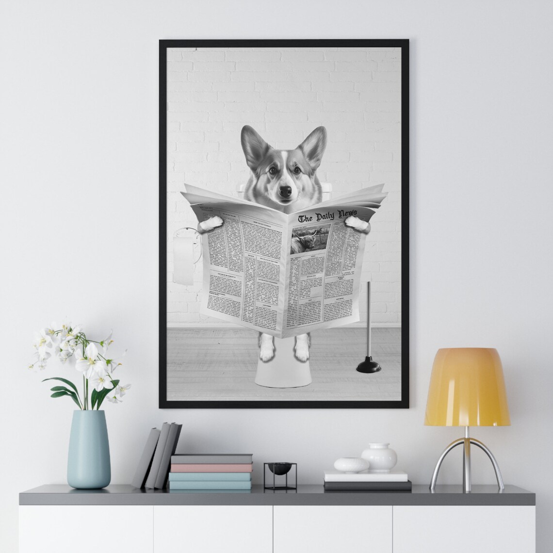 Corgi Dog Reading Newspaper on a Toilet Funny Bathroom Poster - Image 2