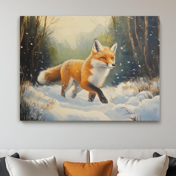 Arctic Fox In Snow Canvas Art Winter Wilderness Oil Painting Snowy Landscape Animal Cold Environment Wall Decor
