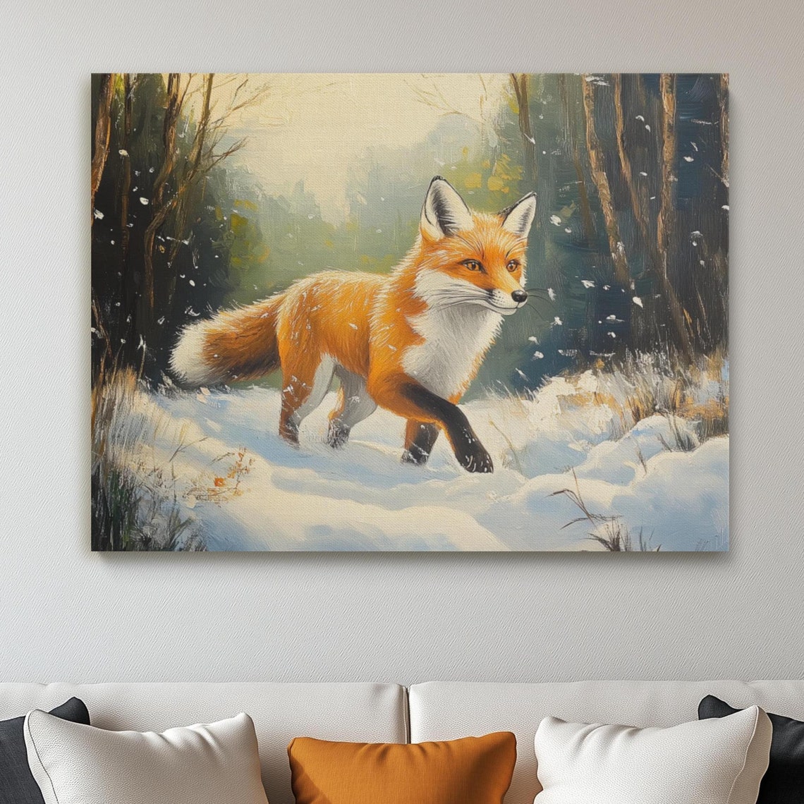 Red Fox Running Through Snowy Winter Forest Wildlife Oil Style Poster